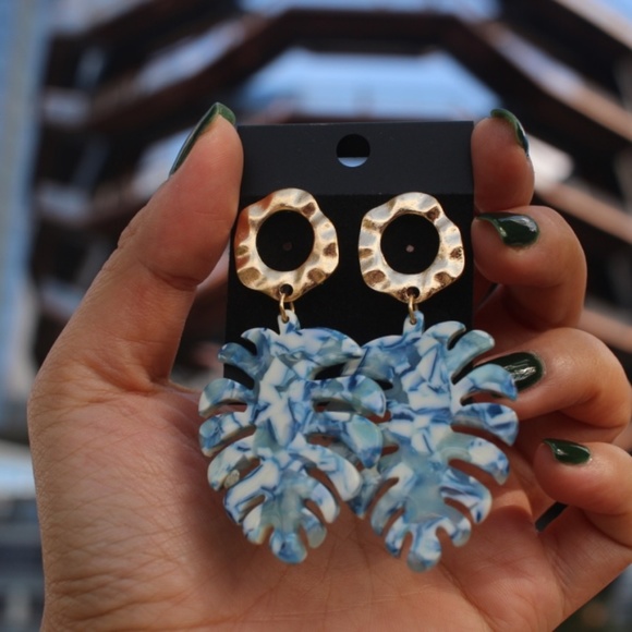 WowNYC Jewelry - New leaf blue marble acrylic dangle gold earrings